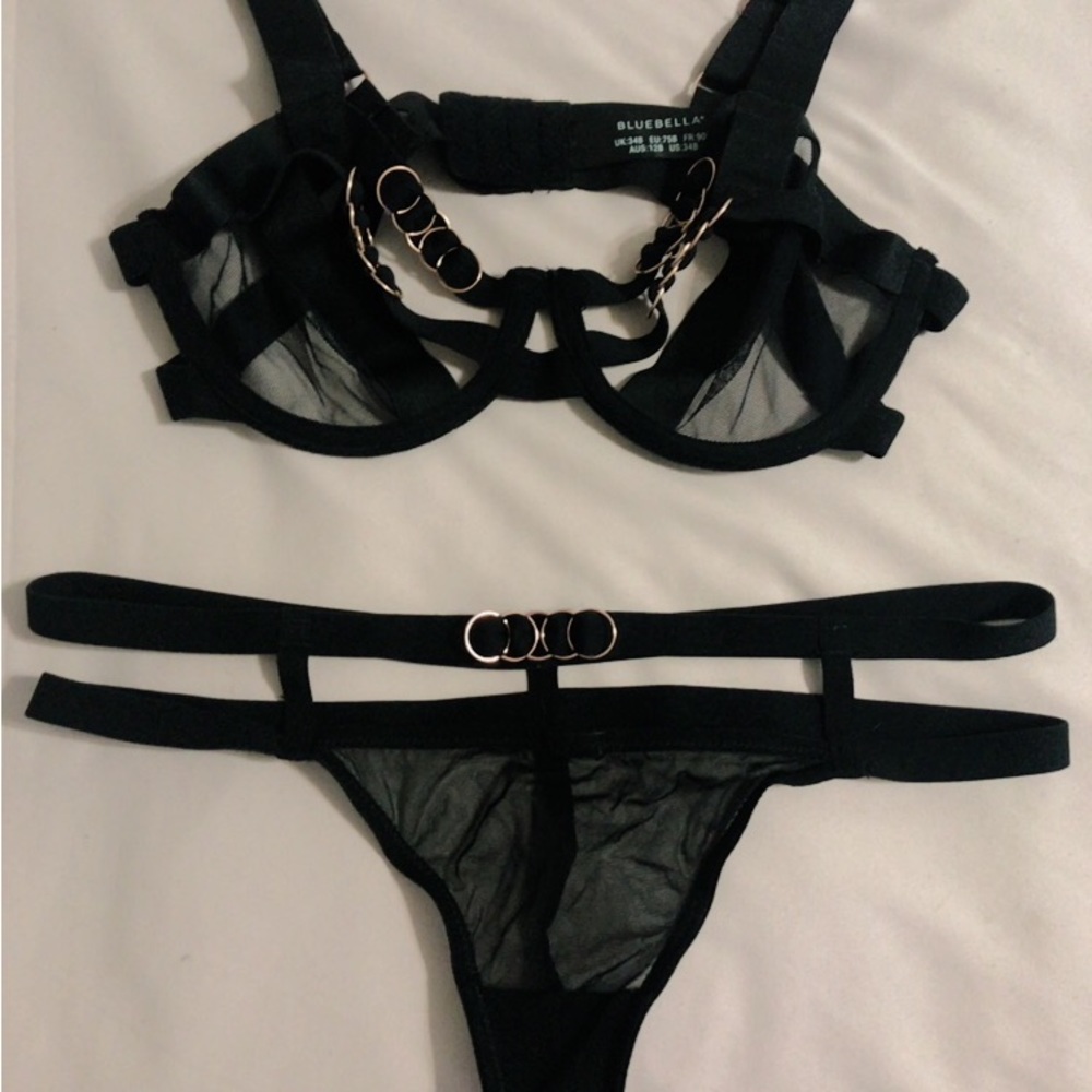 Bluebella strappy mesh black bra and panty set with rose gold accents